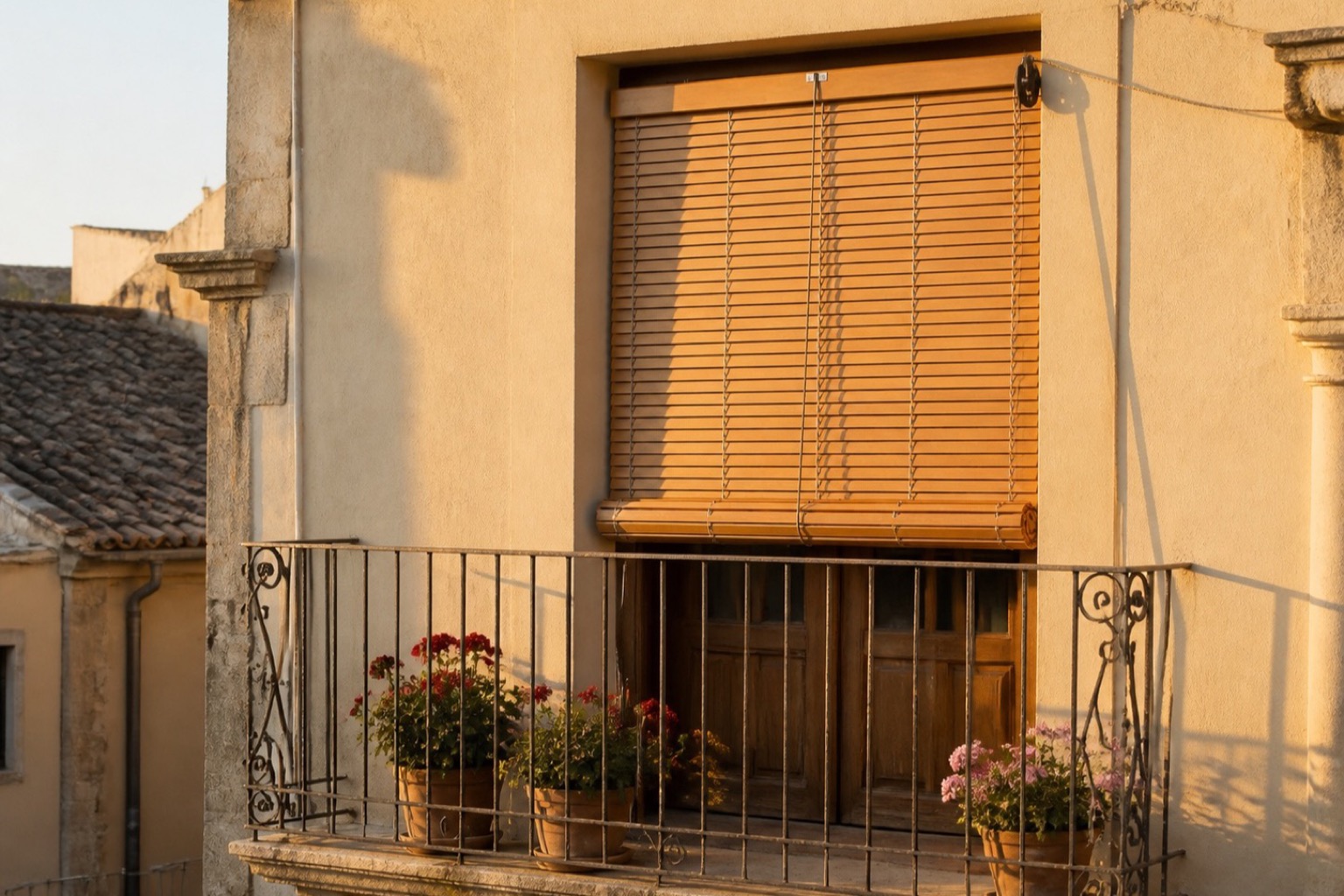 Cassina siciliana in legno chiaro su un balcone al tramonto