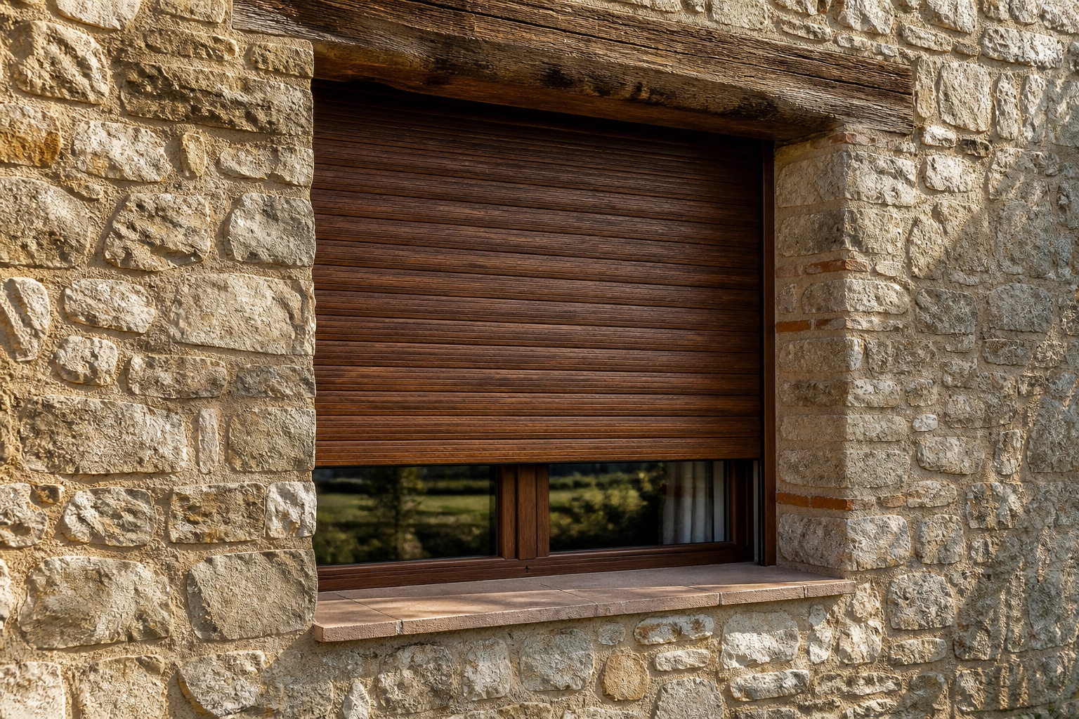 Avvolgibile in legno castagno su una casa in pietra